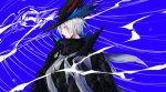  1boy adjusting_clothes adjusting_collar arknights bangs black_gloves blue_background commentary gloves grey_hair hat high_collar highres porilas2 profile red_eyes short_hair simple_background solo ulpian_(arknights) upper_body whale 