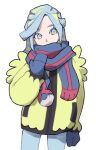 1boy arm_at_side blue_eyes blue_hair blue_pants commentary_request cowboy_shot eyelashes grusha_(pokemon) hand_up head_tilt ivib jacket korean_commentary long_hair lowres male_focus mittens pants poke_ball_print pokemon pokemon_(game) pokemon_sv scarf scarf_over_mouth simple_background solo white_background yellow_jacket 