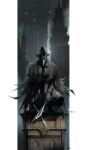  1girl black_headwear blade_of_mercy bloodborne boots building city cloak eileen_the_crow feather-trimmed_coat hat highres holding holding_weapon long_coat mask miso_katsu outdoors outside_border pants pillarboxed plague_doctor_mask solo standing sword weapon 