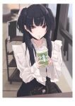 1girl absurdres black_hair black_skirt blurry blurry_background cafe cup disposable_cup drinking drinking_straw frilled_shirt_collar frills highres holding holding_cup idolmaster idolmaster_shiny_colors indoors leather_bag looking_at_viewer mayuzumi_fuyuko ryus shirt sitting skirt solo starbucks twintails two_side_up white_shirt wide_sleeves