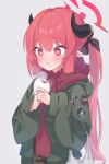  1girl absurdres bangs baozi black_ribbon blue_archive blush eating food green_jacket grey_background hair_between_eyes hair_ribbon highres holding hood hood_down hooded_jacket horns jacket junko_(blue_archive) long_hair long_sleeves pink_eyes pointy_ears red_scarf redhead ribbon scarf simple_background solo steam twintails upper_body wep16night 