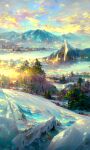 absurdres bitplus clouds highres landscape mountain no_humans scenery snow sunrise tree 