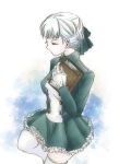  1girl alice_elliot book bow braid breasts buttons closed_eyes closed_mouth dress gloves hair_bow highres holding long_sleeves mirin_(gyochou) shadow_hearts short_hair skirt solo thigh-highs white_hair 