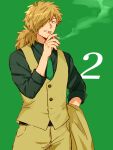  1boy blonde_hair brown_pants brown_vest cigarette cowboy_shot facial_hair green_necktie hair_over_one_eye hand_up highres hinata_(ryohinata) holding holding_clothes holding_jacket inugami_kohachi jacket kemono_jihen looking_at_viewer male_focus necktie pants shirt simple_background smoking solo stubble vest 