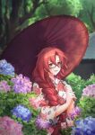  1girl absurdres alternate_costume alternate_hairstyle altheavin black-framed_eyewear braid commentary_request flower forest glasses hair_over_one_eye highres holding holding_umbrella japanese_clothes kimono labyrista long_braid long_hair looking_at_viewer nature oil-paper_umbrella princess_connect! print_kimono red_eyes redhead semi-rimless_eyewear single_braid smile solo umbrella under-rim_eyewear very_long_hair 