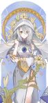  1girl bare_shoulders braid breasts chinese_commentary commentary_request cowboy_shot detached_sleeves dress flower genderswap genderswap_(mtf) girls&#039;_frontline_neural_cloud girls_frontline grey_hair hair_between_eyes hair_ornament hair_over_shoulder heituitui highres hole_in_chest hole_on_body long_hair looking_at_viewer lord_eosphoros_(girls&#039;_frontline_nc) medium_breasts sanctifiers_(girls&#039;_frontline_nc) side_slit sleeveless sleeveless_dress smile solo spoilers standing veil white_dress yellow_eyes 