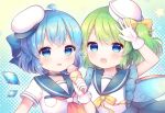  2girls alternate_costume blue_bow blue_eyes blue_hair blue_sailor_collar blush bow cirno closed_mouth daiyousei detached_wings fairy fairy_wings food gloves green_hair hair_between_eyes hair_bow hat holding holding_food ice ice_cream ice_wings long_hair multiple_girls neckerchief open_mouth pjrmhm_coa red_neckerchief sailor_collar sailor_shirt shirt short_hair short_sleeves side_ponytail smile tongue tongue_out touhou upper_body white_gloves white_headwear white_shirt wings 