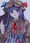 1girl blue_bow blue_ribbon book bow crescent crescent_hat_ornament dress gotagotay hat hat_ornament highres holding holding_book long_hair mob_cap patchouli_knowledge purple_hair red_bow red_ribbon ribbon solo striped striped_dress touhou vertical-striped_dress vertical_stripes violet_eyes 