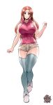 arm_up bleach blue_thighhighs breasts brown_eyes brown_hair highres hood hoodie huge_breasts inoue_orihime lips long_hair narrow_waist pink_hoodie redrawn short_shorts shorts skindentation sleeveless smile the_golden_smurf thick_thighs thigh-highs thighs 