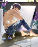  1boy artist_name bangs barefoot blue_pants denim flower full_body holding holding_brush indoors looking_at_viewer looking_back marius_von_hagen_(tears_of_themis) muscular muscular_male on_floor paint paint_splatter paintbrush painting_(action) painting_(object) pants purple_flower purple_hair short_hair signature sitting solo tang_xinzi tears_of_themis tile_floor tiles toes topless_male violet_eyes 
