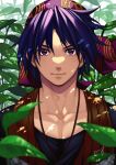  1boy bandana bangs black_shirt blue_hair chrono_cross collarbone jewelry leaf looking_at_viewer male_focus necklace outdoors parted_bangs plant portrait red_bandana serge_(chrono_cross) shirt short_hair smile solo violet_eyes yasshan 