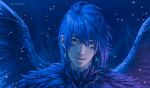  1boy absurdres artist_name bangs bird_boy blue_background blue_eyes blue_hair blue_theme blue_wings chain_necklace closed_mouth commentary earrings english_commentary facial_mark feather_hair feathered_wings feathers floating_hair glowing hair_over_eyes head_tilt highres howl_(howl_no_ugoku_shiro) howl_no_ugoku_shiro jewelry light_particles lips looking_at_viewer male_focus monster_boy necklace nishihiku portrait scales short_hair smile solo twitter_username wings 