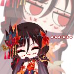  1girl black_hair chibi closed_eyes eyeshadow hair_ornament japanese_clothes kijo_momiji kimono kokorogari_kijo_momiji leaf leaf_hair_ornament looking_at_viewer makeup maple_leaf official_art onmyoji red_eyes red_eyeshadow solo stitched_mouth stitches straight_hair upper_body white_background 