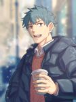  1boy :d absurdres black_jacket blue_hair blurry blurry_background breath brown_eyes brown_sweater collared_shirt cup disposable_cup down_jacket fate/grand_order fate_(series) highres holding holding_cup jacket looking_at_viewer male_focus open_collar saitou_hajime_(fate) shirt short_hair smile snowing solo spiky_hair sweater teeth twitter_username upper_body white_shirt yaosan233 