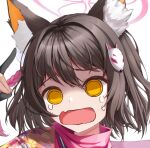  1girl :d animal_ears artist_request bangs blue_archive brown_eyes brown_hair fox_ears fox_girl fox_mask hair_between_eyes izuna_(blue_archive) japanese_clothes kitsune looking_at_viewer mask non-web_source open_mouth smile source_request surprised sweatdrop 