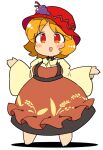  1girl aki_minoriko apron black_skirt blonde_hair blush food-themed_hat_ornament fruit_hat_ornament full_body grape_hat_ornament hat hat_ornament ini_(inunabe00) long_sleeves mob_cap open_mouth red_apron red_eyes red_headwear shirt short_hair simple_background skirt smile solo touhou white_background wide_sleeves yellow_shirt 
