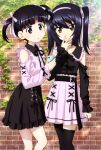  2girls :o absurdres arm_at_side bangs belt black_eyes black_hair black_shirt black_skirt blunt_bangs brick_wall brown_hair cellphone collarbone frilled_shirt frilled_skirt frills girls_und_panzer hair_ornament hair_ribbon hairband hand_to_own_mouth highres holding holding_phone lolita_fashion long_hair looking_at_viewer megami_magazine multiple_girls official_art open_mouth phone pleated_skirt purple_shirt purple_skirt reizei_mako ribbon scan shirt short_hair skirt smartphone sono_midoriko standing thigh-highs twintails zettai_ryouiki 