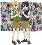  2boys basil_(omori) black_eyes black_footwear black_hair black_sweater blonde_hair blue_eyes blush brown_footwear brown_shorts closed_mouth collared_shirt flower full_body green_sweater_vest hair_flower hair_ornament highres holding holding_flower looking_at_viewer multiple_boys nagakun_omo omori shirt short_hair short_sleeves shorts smile socks sunny_(omori) sweater sweater_vest white_shirt white_socks 