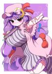  1girl absurdres blush book bow breasts dress foreshortening frills hair_bow hat highres huge_breasts long_hair looking_at_viewer mob_cap moon_(ornament) patchouli_knowledge purple_hair simple_background striped striped_dress touhou violet_eyes zurikishi 