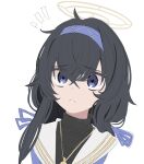  1girl bangs black_hair blue_archive blue_eyes blue_hairband blue_ribbon dotted_line hair_between_eyes hair_ribbon hairband halo long_hair looking_at_viewer notice_lines parted_lips ribbon sailor_collar simple_background solo tetuw ui_(blue_archive) white_background white_sailor_collar 