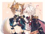  2boys ^^^ animal_ears antenna_hair aqua_eyes arm_guards armor asymmetrical_sleeves bangs belt belt_buckle black_belt black_collar black_gloves black_jacket black_scarf blush border brown_hair buckle chest_belt closed_mouth collar commentary_request crop_top dango dog_boy dog_ears dog_tail eating eye_contact fingerless_gloves food genshin_impact gloves gorou_(genshin_impact) hair_between_eyes hair_ornament hand_up highres holding holding_food igote jacket japanese_armor japanese_clothes kaedehara_kazuha kimono long_sleeves looking_at_another looking_at_viewer low_ponytail male_focus medium_hair midriff mizuamememe multicolored_hair multiple_boys navel outside_border parted_lips paw_print pom_pom_(clothes) ponytail profile red_eyes red_scarf redhead sanshoku_dango scarf short_hair short_sleeves shoulder_armor sidelocks sode stomach streaked_hair sweatdrop tail tassel thick_eyebrows two-tone_hair upper_body wagashi white_border white_hair white_kimono 