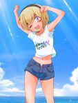  1girl armpits blonde_hair blue_shorts blush collarbone hairband happy highres jashin-chan_dropkick looking_at_viewer midriff navel ocean one_eye_closed open_mouth orange_eyes outdoors pekora_(jashin-chan_dropkick) sat-c shiny shiny_hair shirt short_hair short_shorts shorts sky smile solo tan white_shirt 