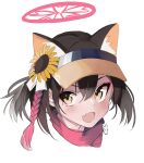  1girl :d animal_ear_fluff animal_ears bangs black_hair blue_archive brown_eyes brown_headwear fang flower fox_ears hair_between_eyes hair_flower hair_ornament halo highres izuna_(blue_archive) izuna_(swimsuit)_(blue_archive) long_hair looking_at_viewer simple_background smile solo sunflower sunflower_hair_ornament tetuw visor_cap white_background yellow_flower 