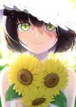  1girl absurdres artist_name bangs black_hair closed_mouth commentary_request flower green_eyes hat highres holding holding_flower original rai_miruku shadow short_hair smile solo sun_hat sunflower twitter_username upper_body watermark 