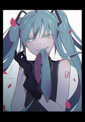  absurdres adjusting_clothes adjusting_gloves aqua_eyes aqua_hair biting biting_clothes gloves hatsune_miku highres mouth_hold necktie necktie_in_mouth nibxxx sleeveless solo twintails vocaloid 