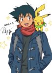  1boy :d antenna_hair ash_ketchum bangs black_hair brown_eyes commentary_request dated highres jacket male_focus on_shoulder open_clothes open_jacket open_mouth pikachu pokemon pokemon_(anime) pokemon_(creature) pokemon_on_shoulder red_scarf scarf short_hair signature smile star_(symbol) strap sweater tamura_(kouititamura) teeth tongue upper_teeth 