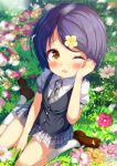  1girl bangs between_legs black_hair black_vest blurry blurry_background blush brown_eyes brown_footwear chinomaron collared_shirt commentary_request day depth_of_field flower from_above gochuumon_wa_usagi_desu_ka? hair_flower hair_ornament hand_between_legs hand_up highres jouga_maya loafers looking_at_viewer looking_up necktie on_grass one_eye_closed open_mouth outdoors pink_flower plaid plaid_necktie plaid_skirt puffy_short_sleeves puffy_sleeves purple_flower shirt shoes short_sleeves sitting skirt socks solo swept_bangs vest wariza white_flower white_shirt white_socks yellow_flower 