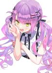  1girl :d bangs bare_arms black_ribbon blush collared_shirt cropped_torso green_eyes hair_between_eyes hair_ornament hair_ribbon hairclip highres hololive kintotomaturi long_hair looking_at_viewer multicolored_hair pink_hair pom_pom_(clothes) purple_hair ribbon shirt simple_background smile solo suspenders tokoyami_towa twintails two-tone_hair upper_body virtual_youtuber white_background white_shirt x_hair_ornament 