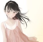  1girl absurdres artist_name black_hair collarbone dress highres junito715 long_hair looking_at_viewer original pink_dress ponytail simple_background spaghetti_strap standing wind 