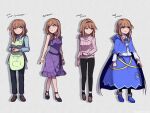  1girl apron bare_arms black_footwear black_pants blue_skirt brown_footwear brown_hair cape capelet cleavage_cutout clothing_cutout commentary dress english_commentary english_text expressionless frown full_body green_apron grey_background hairband long_hair long_sleeves meme_attire multiple_views open-chest_sweater original pants purple_dress ribbed_sweater shoes simple_background skirt speckticuls sweater violet_eyes 