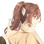  1boy 1girl artist_name back bangs brown_hair brown_shirt closed_mouth collared_shirt green_eyes kana_(ykskkn) long_hair looking_at_viewer looking_back nape ponytail rosa_(tears_of_themis) shirt smile tears_of_themis white_background 