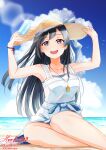 1girl absurdres bangs birthday black_hair blue_sky breasts clouds cloudy_sky collarbone dated english_commentary grey_eyes happy_birthday hat highres jewelry long_hair looking_at_viewer love_live! love_live!_nijigasaki_high_school_idol_club medium_breasts necklace ocean one_side_up sidelocks sky solo straw_hat summer twitter_username yuuki_setsuna_(love_live!) zakimpo 