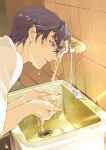  1boy absurdres bangs dog_tags highres jiukuzi18797 marius_von_hagen_(tears_of_themis) open_mouth purple_hair shirt short_hair sink sleeves_rolled_up solo tears_of_themis tile_wall tiles violet_eyes water wet white_shirt 