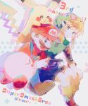  blonde_hair blue_eyes blue_overalls boots brown_footwear brown_hair controller earrings facial_hair game_controller green_headwear green_tunic hair_between_eyes hat holding holding_controller holding_game_controller jewelry kirby kirby_(series) link mario maruta_maruta multiple_boys mustache open_mouth overalls pikachu pointy_ears pokemon pokemon_(creature) pokemon_(game) red_headwear red_shirt shirt sidelocks sitting smile super_mario_bros. super_smash_bros. the_legend_of_zelda 