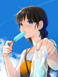  1girl artist_name bag black_hair blue_eyes blue_sky clouds commentary_request food holding holding_food original outdoors popsicle rai_miruku shirt short_hair short_sleeves short_twintails sky solo sweat twintails twitter_username upper_body watermark white_shirt 