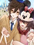  1boy 1girl alternate_costume animal_ears bangs black_hair black_headwear blurry blurry_background blush bow brown_hair castle collared_shirt colored_tips disneyland earrings eyeliner eyeshadow face-to-face flower-shaped_pupils genshin_impact gradient_hair hair_between_eyes hat highres hu_tao_(genshin_impact) jewelry locked_arms long_hair long_sleeves looking_at_viewer lower_teeth makeup mickey_mouse minnie_mouse mnst_rone mouse_ears multicolored_hair necktie one_eye_closed open_mouth outdoors outstretched_arm red_eyes red_eyeshadow red_nails school_uniform shirt sidelocks single_earring sky smile sweater sweater_vest symbol-shaped_pupils tassel tassel_earrings teeth upper_body v yellow_eyes zhongli_(genshin_impact) 
