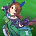  1girl animal_ears black_gloves blush breasts brown_hair buttons closed_mouth coat collared_shirt double-breasted ear_covers gloves grass green_coat hand_in_own_hair highres horse_ears horse_girl horse_tail king_halo_(umamusume) kogomiza looking_at_viewer medium_breasts pointing pointing_at_viewer red_eyes shirt short_sleeves sleeveless sleeveless_shirt smile solo standing tail tail_through_clothes umamusume white_shirt 