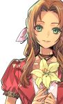  1girl aerith_gainsborough bangs brown_hair buttons choker colored_eyelashes dress final_fantasy final_fantasy_vii final_fantasy_vii_remake flower flower_choker green_eyes hair_ribbon holding holding_flower ito_noizi jacket looking_at_viewer own_hands_together parted_bangs pink_dress pink_ribbon puffy_short_sleeves puffy_sleeves red_jacket ribbon short_sleeves sidelocks smile solo upper_body wavy_hair white_background yellow_flower 