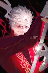  1boy absurdres alternate_color bandaged_arm bandaged_hand bandaged_head bandages devil_may_cry_(series) devil_may_cry_3 eyelashes glint hair_slicked_back highres holding holding_sword holding_weapon katana male_focus red_eyes red_theme reverse_grip sebby1725 solo sword upper_body vergil_(devil_may_cry) weapon white_hair yamato_(sword) 