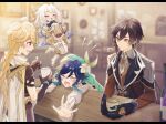  1girl 3boys :3 :d ^_^ aether_(genshin_impact) ahoge aqua_hair bangs bar beret black_gloves black_hair blonde_hair blue_cape blurry blurry_background blush boots braid braided_ponytail brown_eyes brown_gloves brown_hair brown_jacket brown_shirt brown_vest cape chair closed_eyes closed_mouth collared_shirt commentary_request counter crop_top cropped_shirt cup drink drinking drinking_straw drinking_straw_in_mouth earrings expressionless floating flower formal frilled_sleeves frills full_body genshin_impact gloves gold_trim gradient_hair green_cape green_headwear hair_between_eyes hair_flower hair_ornament halo hat highres holding holding_cup indoors jacket jewelry lapels leaf long_hair long_sleeves looking_at_another low-tied_long_hair medium_hair mizuamememe multicolored_hair multiple_boys necktie notice_lines open_mouth outstretched_arms paimon_(genshin_impact) ponytail profile raised_eyebrows shirt short_sleeves side_braids sidelocks single_braid single_glove single_thighhigh sitting smile standing sweatdrop swept_bangs table tassel tassel_earrings thigh-highs twin_braids upper_body venti_(genshin_impact) vest white_cape white_flower white_footwear white_hair white_necktie white_shirt white_thighhighs wing_collar zhongli_(genshin_impact) 