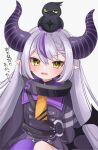  absurdres animal_on_head bird bird_on_head black_coat black_horns blush braid braided_bangs coat crow_(la+_darknesss) demon_girl demon_horns fangs grey_hair highres hololive horns la+_darknesss multicolored_hair neckerchief on_head pointy_ears purple_hair purple_horns purple_thighhighs rqxui sitting streaked_hair striped_horns thigh-highs translation_request trench_coat virtual_youtuber yellow_eyes yellow_neckerchief 