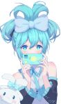  1girl absurdres black_sleeves blue_bow blue_eyes blue_hair blue_necktie bow cellphone cinnamiku cinnamoroll detached_sleeves folded_twintails frilled_shirt frilled_sleeves frills hair_bow hatsune_miku highres holding holding_phone long_hair long_sleeves looking_at_viewer necktie phone sanrio shiny shiny_hair shiny_skin shirt signature simple_background sleeveless sleeveless_shirt smartphone solo star-shaped_pupils star_(symbol) symbol-shaped_pupils tied_ears twintails upper_body vocaloid w-t white_background white_shirt 