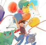  1boy :d arms_up backwards_hat balloon belt belt_buckle blue_pants brown_belt buckle bulbasaur closed_eyes commentary_request confetti happy hat highres jacket male_focus open_clothes open_jacket open_mouth pants pikachu plant pokemon pokemon_(creature) pokemon_adventures poliwhirl red_(pokemon) red_headwear sakanobo_(sushi1021) shirt shoes short_hair smile spiky_hair teeth tongue upper_teeth vines 
