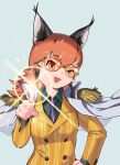  1girl absurdres animal_costume animal_ear_fluff animal_ears beleven blue_background borsalino_(kizaru) caracal_(kemono_friends) caracal_ears cloak formal highres kemono_friends kemono_friends_v_project long_hair looking_at_viewer multicolored_hair necktie one_piece open_mouth orange_hair parody shirt simple_background smile solo suit virtual_youtuber 
