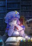  bangs blue_bow book book_stack bookshelf bow crescent crescent_hat_ornament dress hat hat_ornament highres holding holding_book long_hair long_sleeves mob_cap open_book patchouli_knowledge purple_hair quill reading red_ribbon ribbon solo striped striped_dress touhou tyasuzu violet_eyes 
