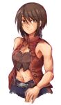  1girl belt breasts brown_eyes brown_hair closed_mouth earrings highres jewelry kowloon&#039;s_gate land-k looking_at_viewer navel short_hair simple_background smile solo white_background xiaohei 